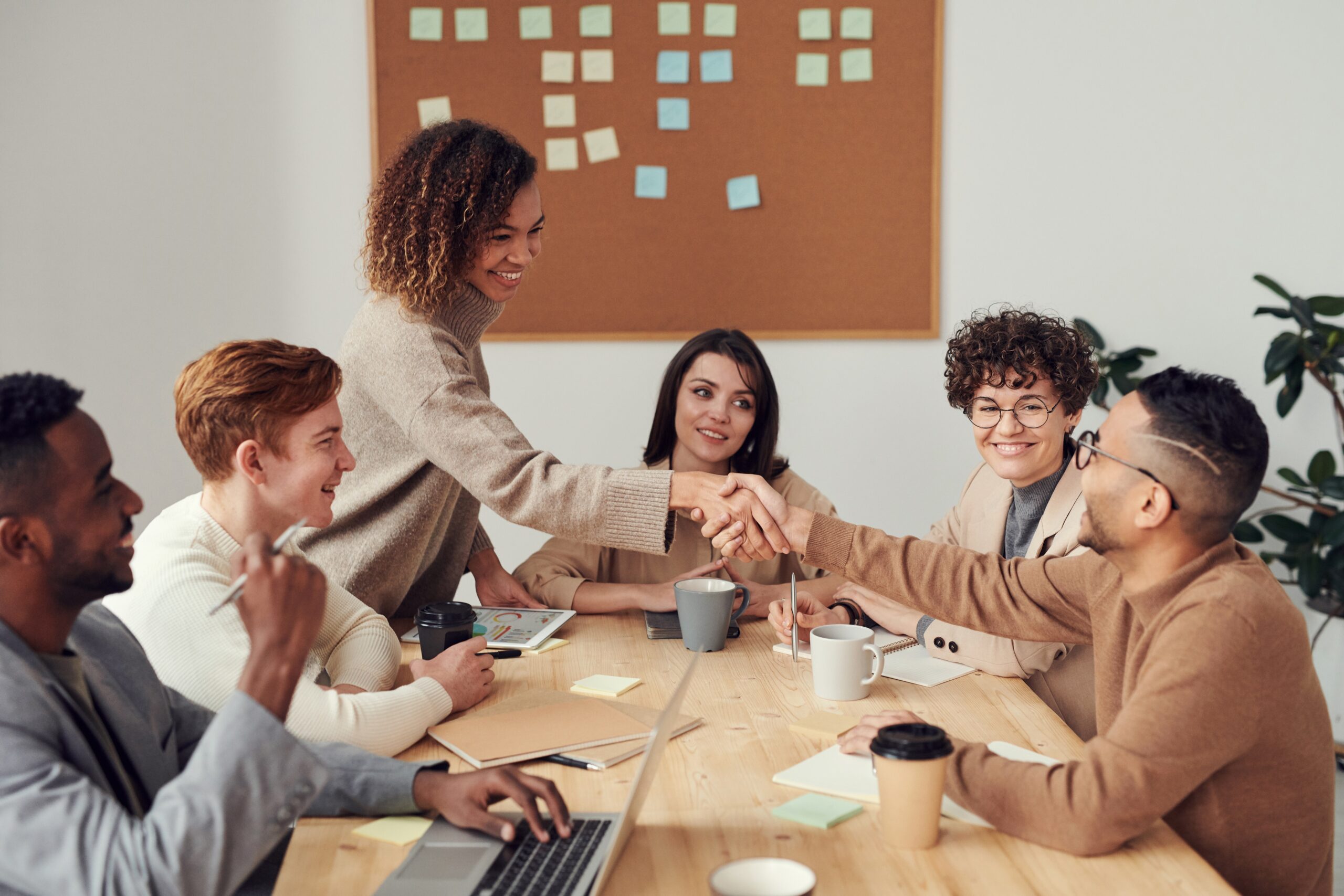 team two people shaking hands at a meeting